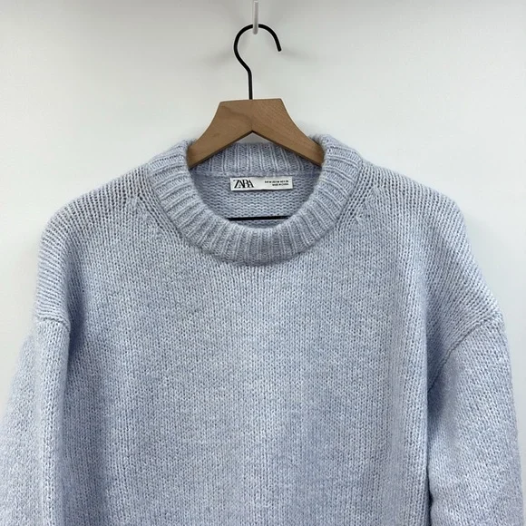 Zara Chunky Knit Crewneck Pullover Oversized Sweater Minimalist Pale Blue Medium - Picture 3 of 8